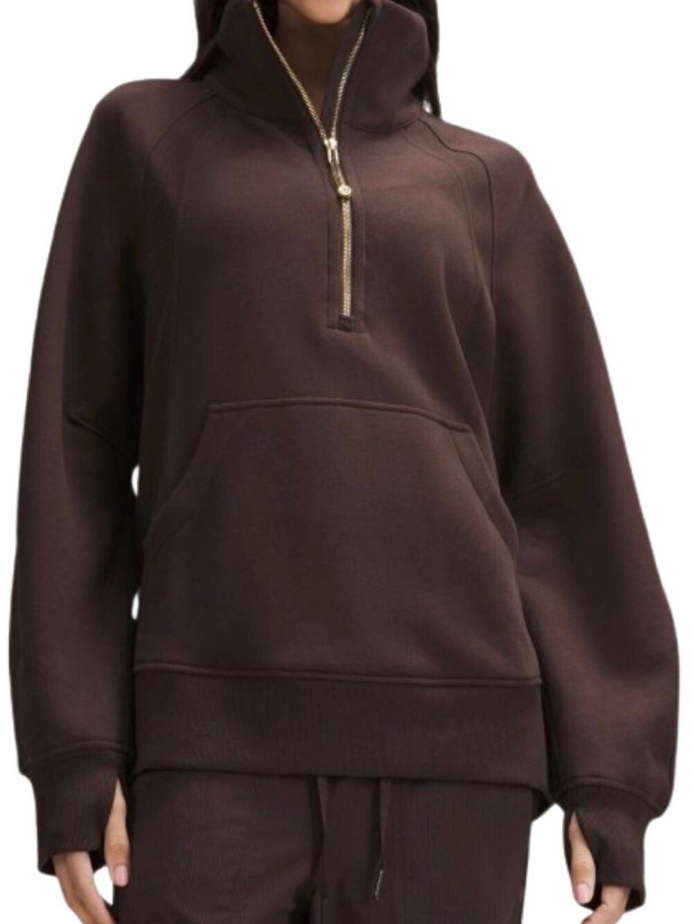 Lululemon Half Zip Pullover Women M/L Brown Cotton Kangaroo Pocket Athleisure